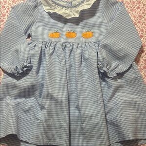 Blue Checkered Girls Dress with Pumpkin Embroidery